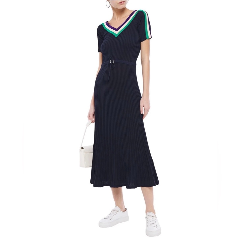 Sandro Navy Midi Knit Dress with Contrast Ribbon Detail